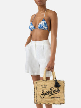 Sac Colette en raphia avec logo brodé et finitions contrastantes noires 