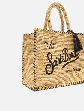 Sac Colette en raphia avec logo brodé et finitions contrastantes noires 