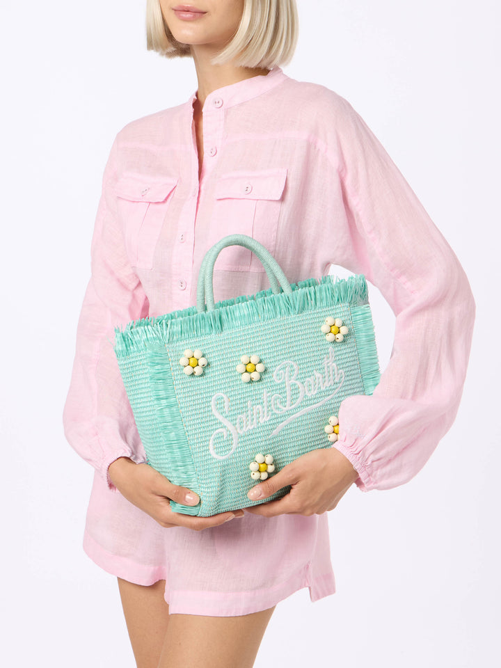 Water green Colette Straw handbag with flower wood beads embellishment - MC2 Saint Barth