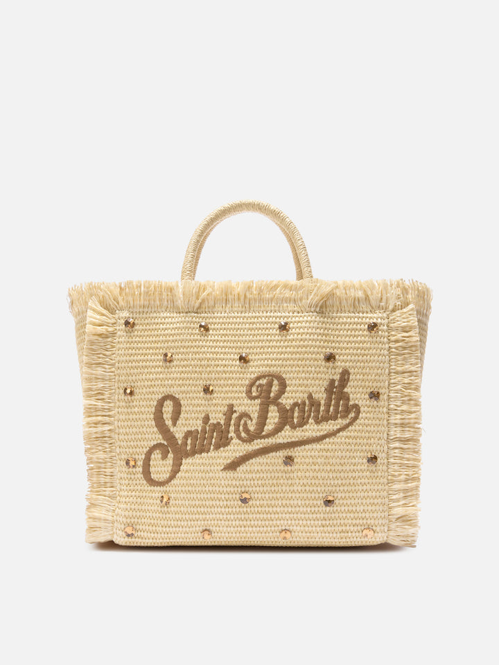 Colette bag in straw effect fabric with applied rhinestones