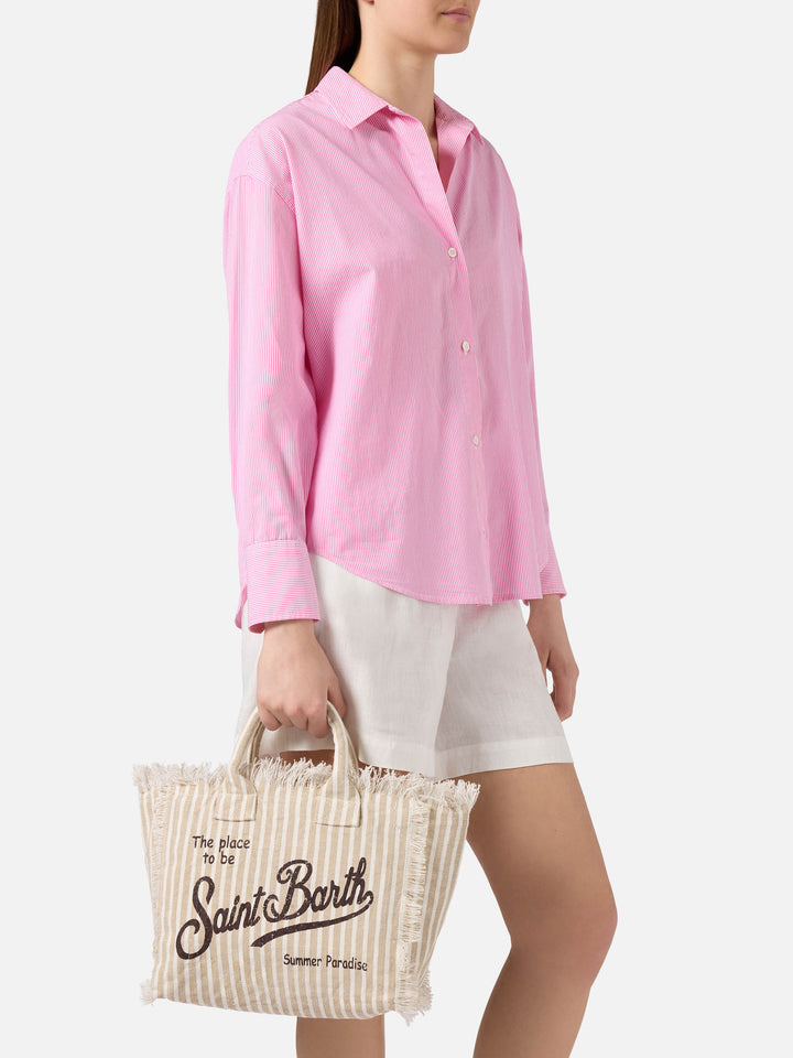 Colette linen striped bag in beige and white