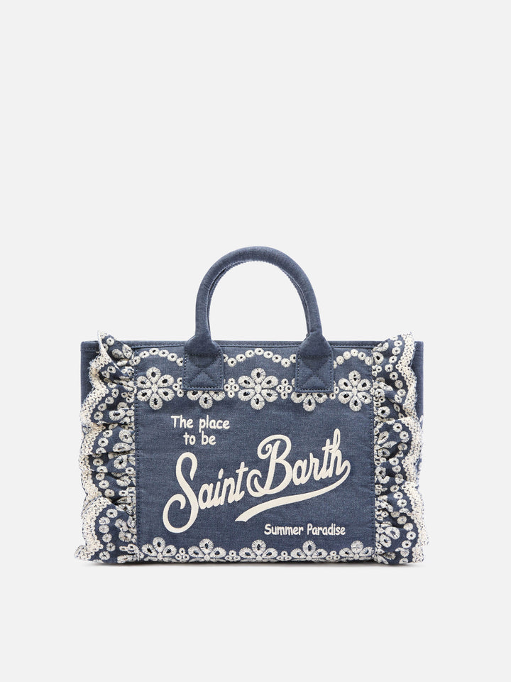 Colette Volant bag in dark wash denim with decorative embroidery