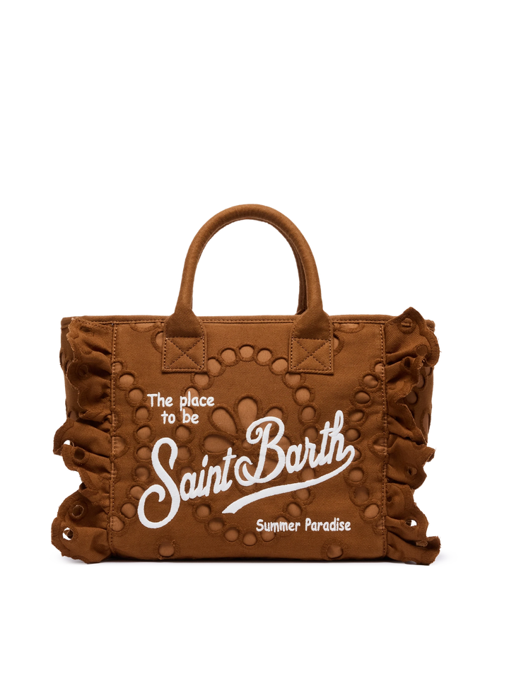 Colette camel brown handbag in Sangallo cotton lace with flounce - MC2 Saint Barth