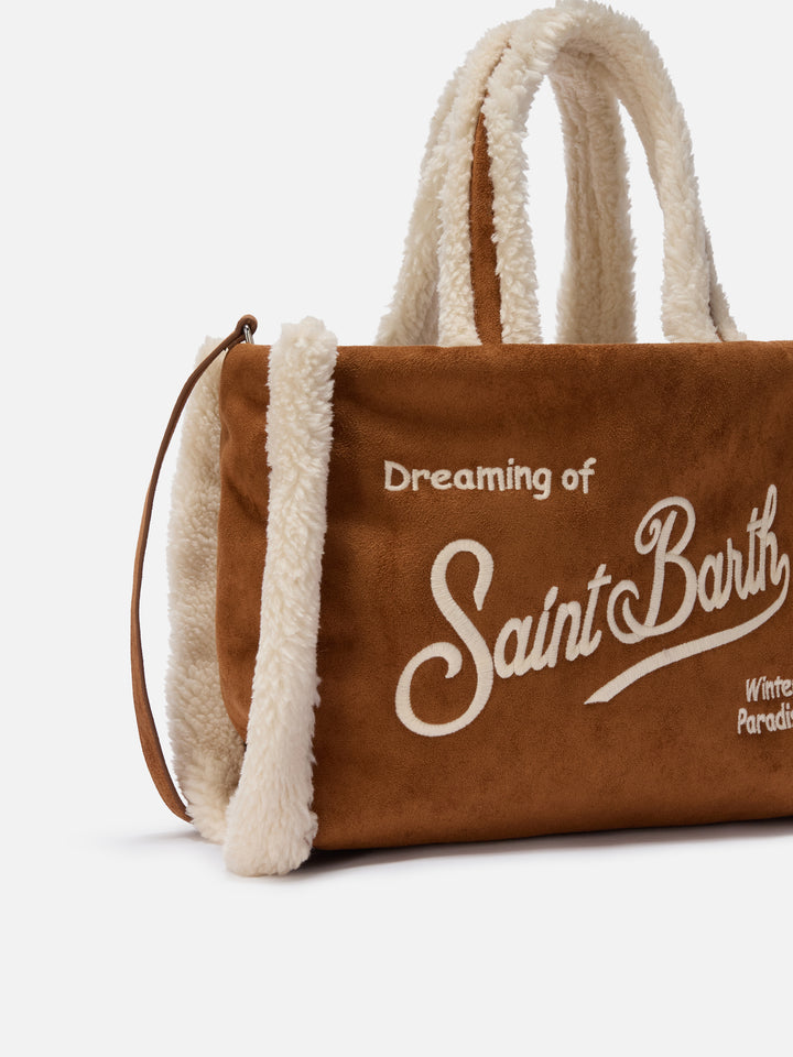 Colette Shearling Handbag in faux suede camel with shearling details