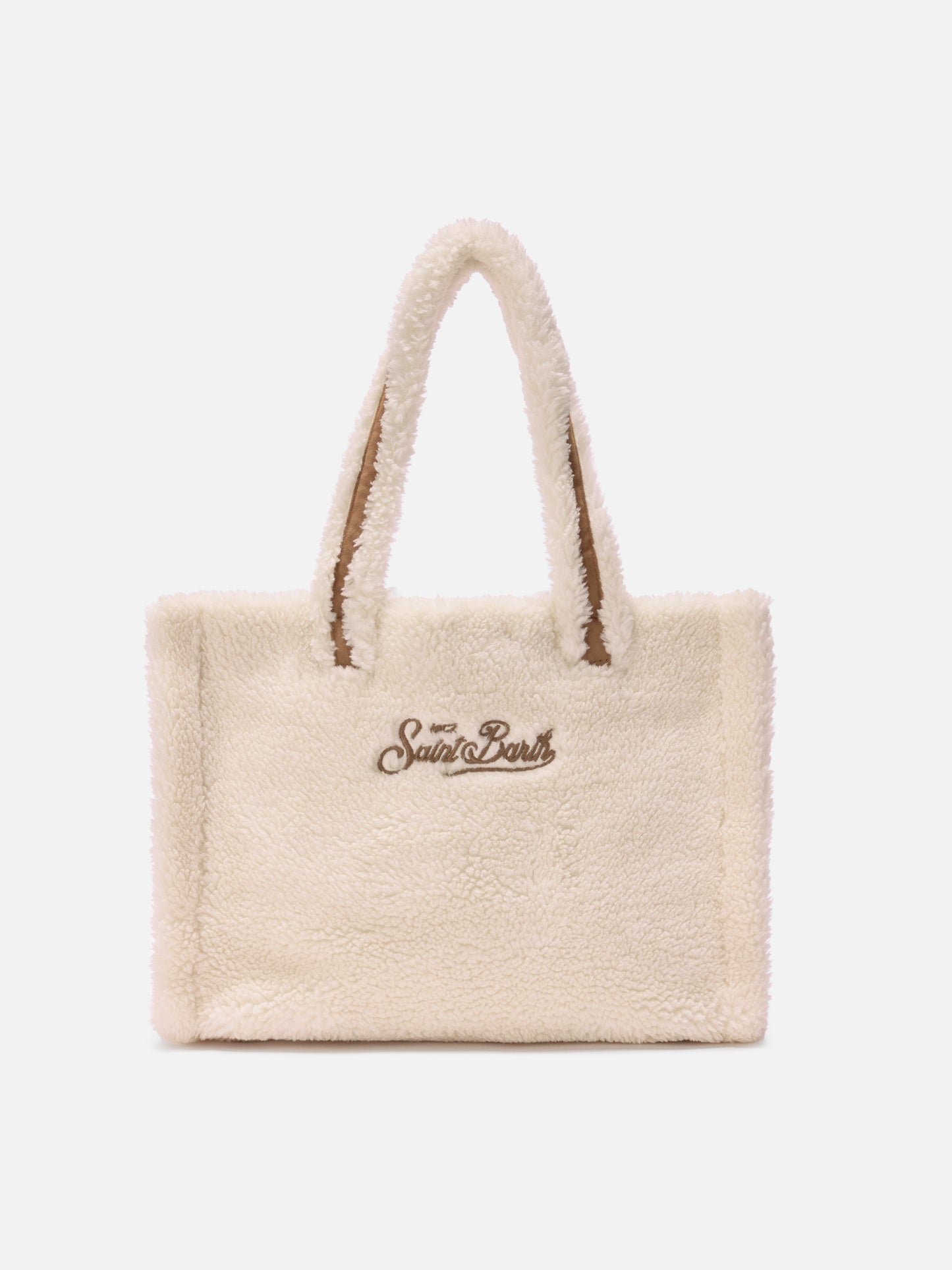 Colette Teddy Handbag in white sherpa with maxi logo