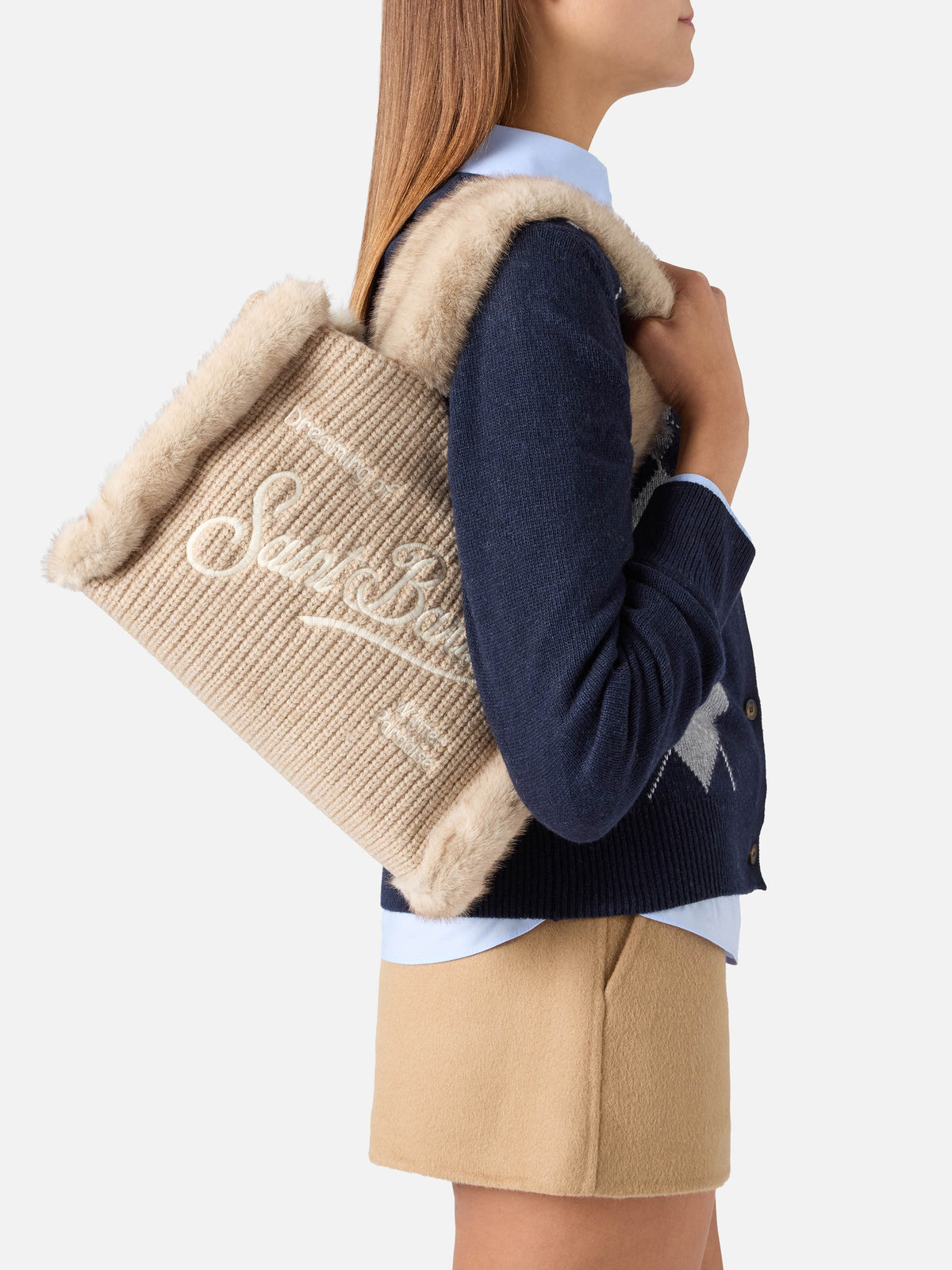 Beige Colette ribbed faux shearling handbag with logo embroidery