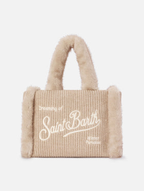 Beige Colette ribbed faux shearling handbag with logo embroidery