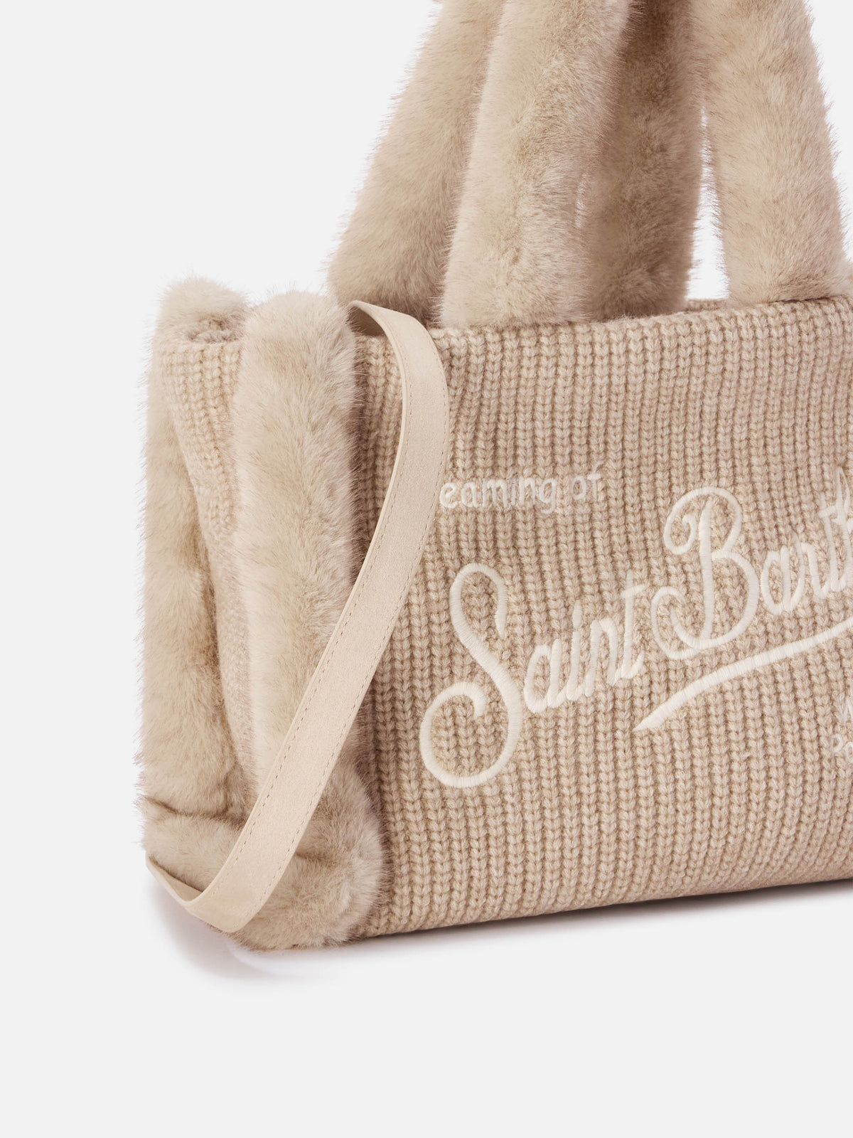 Beige Colette ribbed faux shearling handbag with logo embroidery