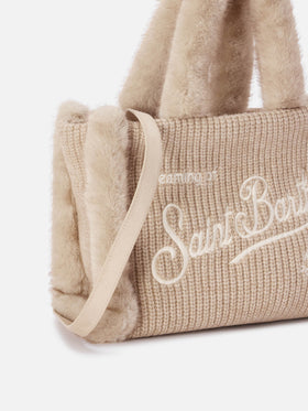 Beige Colette ribbed faux shearling handbag with logo embroidery