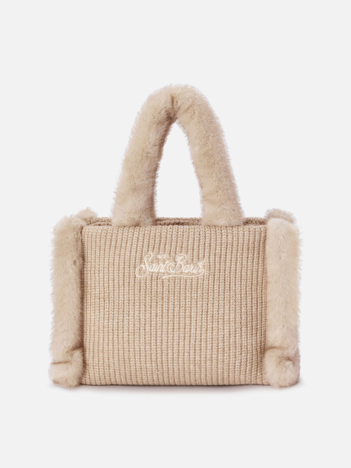 Beige Colette ribbed faux shearling handbag with logo embroidery