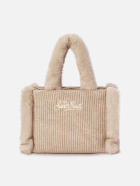 Beige Colette ribbed faux shearling handbag with logo embroidery