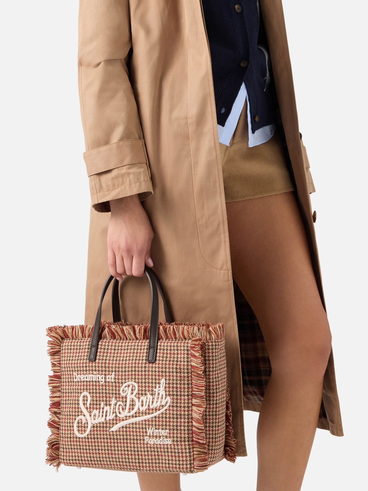 Beige Colette wool bag with houndstooth pattern
