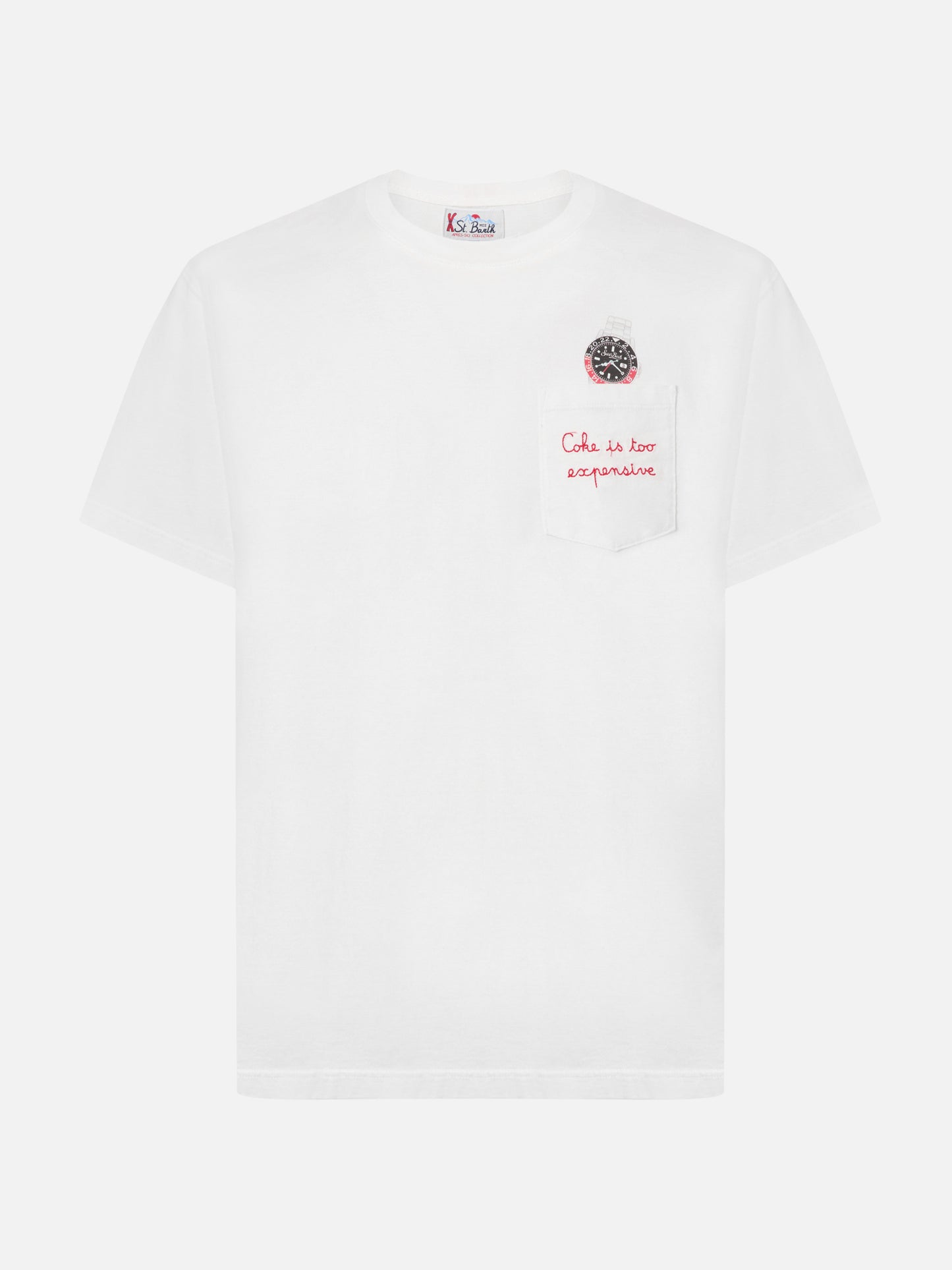 Connor cotton T-shirt in white with Coke is too expensive pocket embroidery