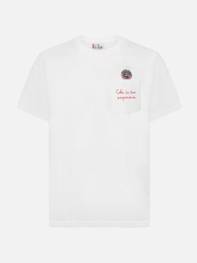 Connor cotton T-shirt in white with Coke is too expensive pocket embroidery