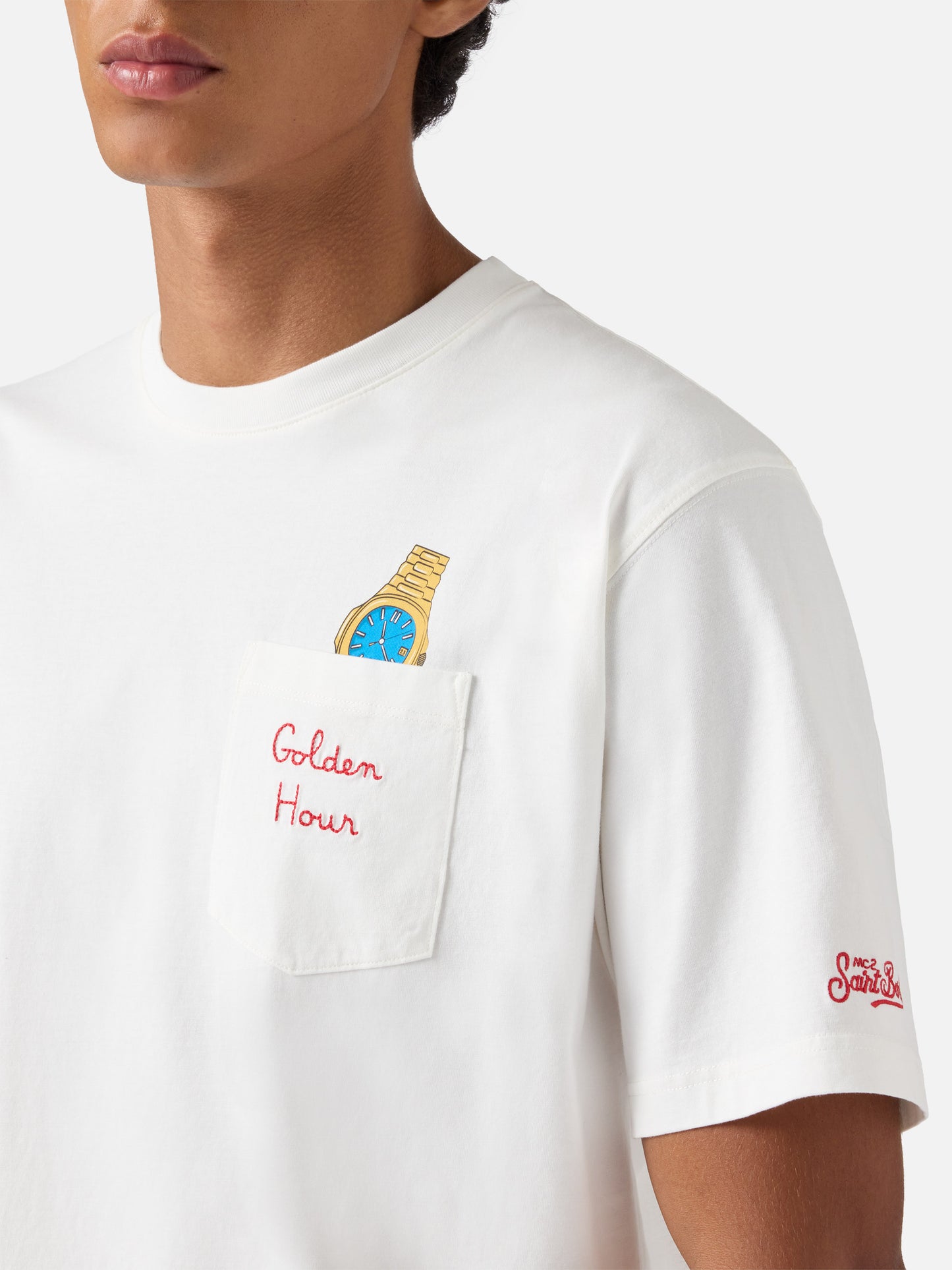 Connor cotton T-shirt in white with Golden hour pocket embroidery