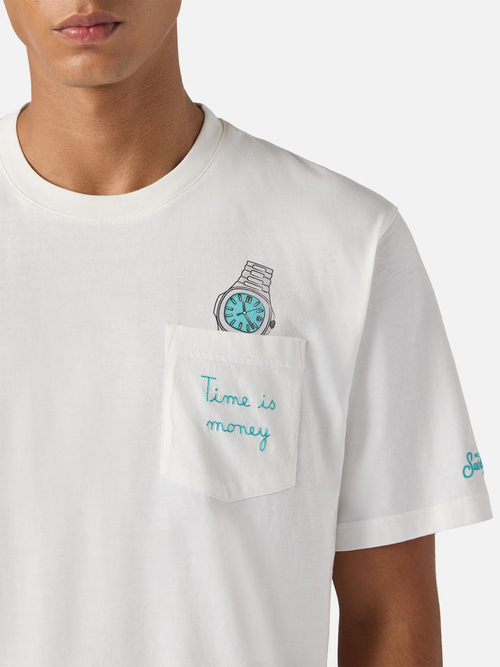 T-shirt Connor in cotone bianco con ricamo sul taschino Time is Money