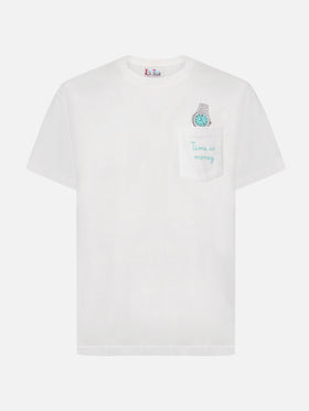 Connor cotton T-shirt in white with Time is Money pocket embroidery