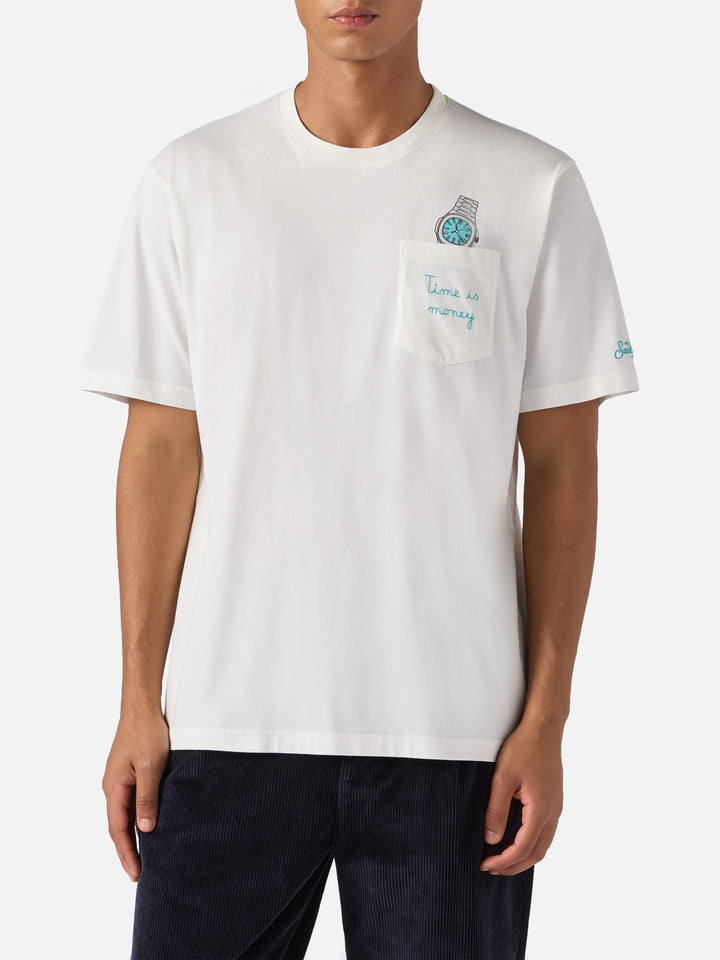 T-shirt Connor in cotone bianco con ricamo sul taschino Time is Money