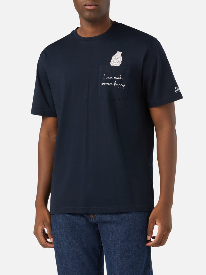 Camiseta de algodón Navy blue Connor con estampado de reloj y bordado 