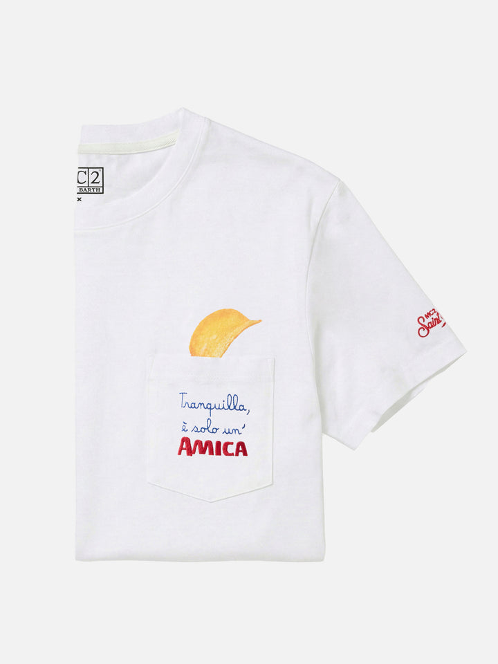 T-shirt Connor bianca in cotone organico con stampa e ricamo Amica Chips | Special edition