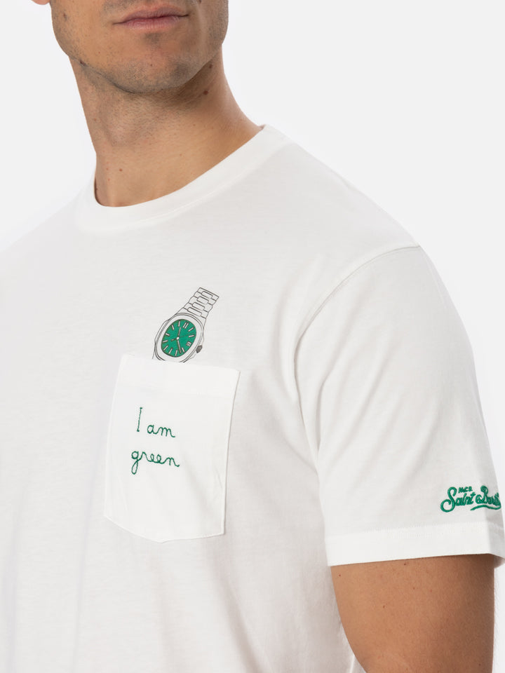 T-shirt bianca da uomo in cotone Connor con ricamo I am green