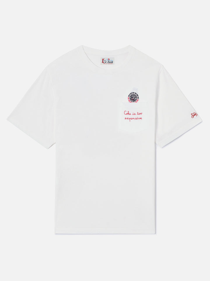 T-shirt Connor bianca in cotone con stampa orologio e ricamo Cara Ho Un Expensive