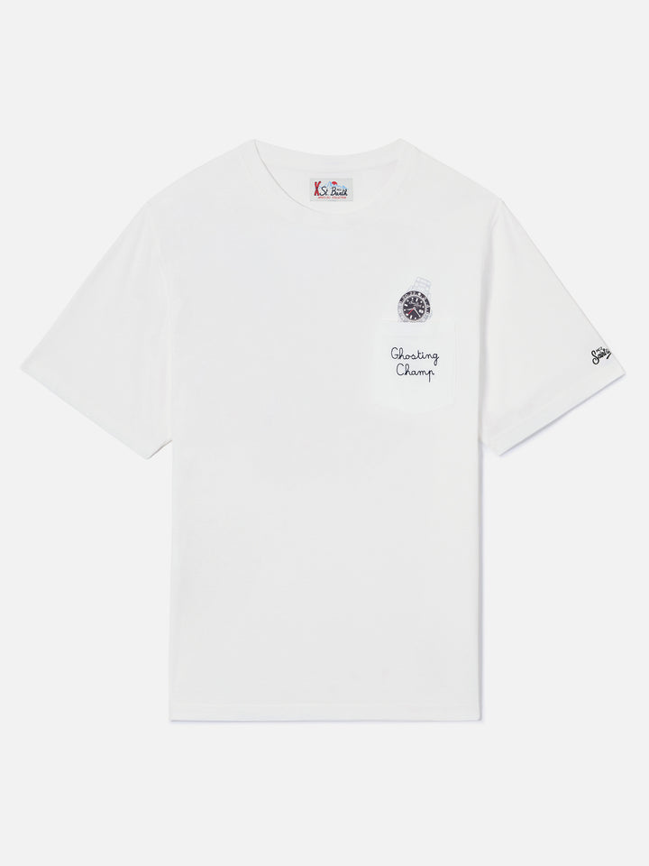T-shirt Connor bianca in cotone con stampa orologio e ricamo Ghosting Champ