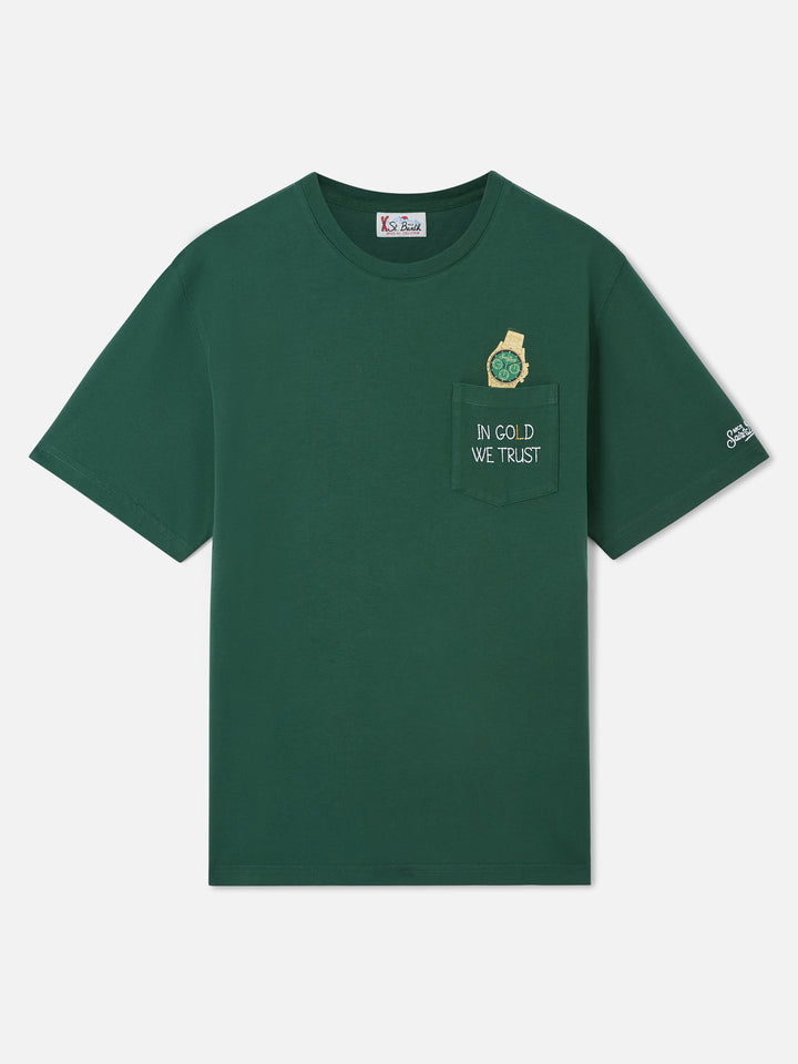 Connor pocket t-shirt in green with In Gold We Trust embroidery
