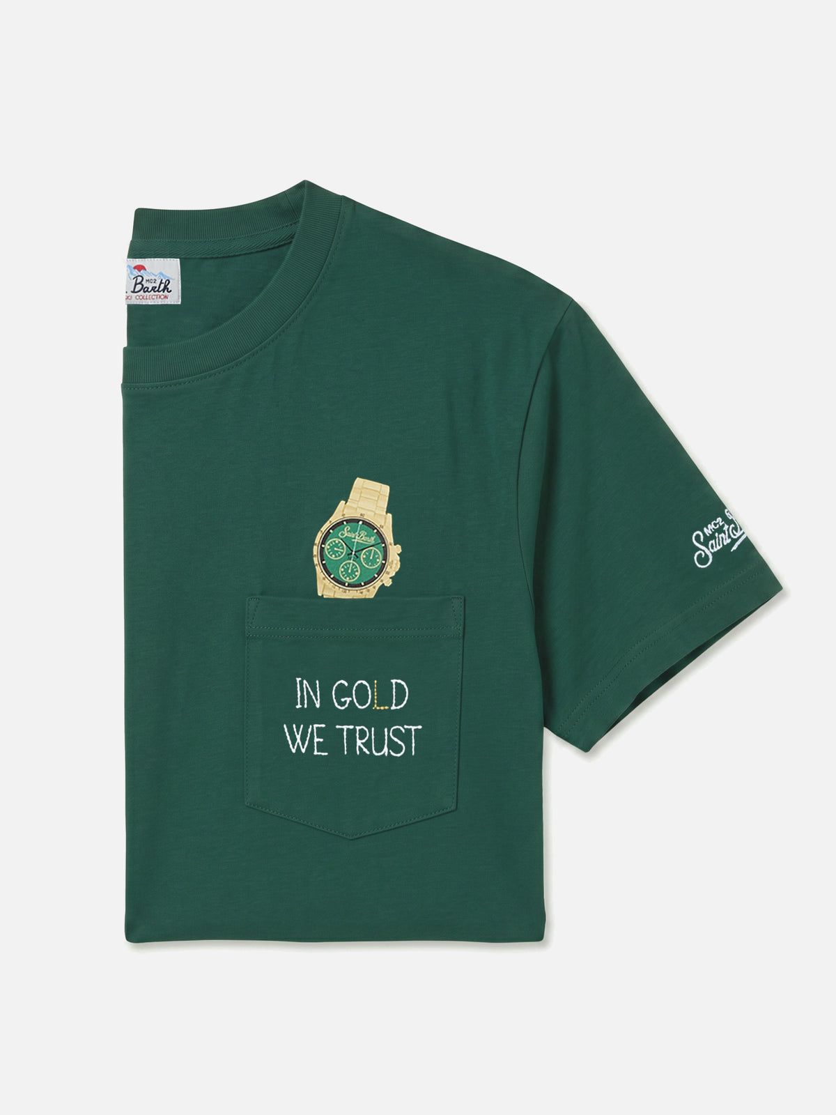 Connor T-Shirt mit Brusttasche in Grün mit „In Gold We Trust“-Stickerei 