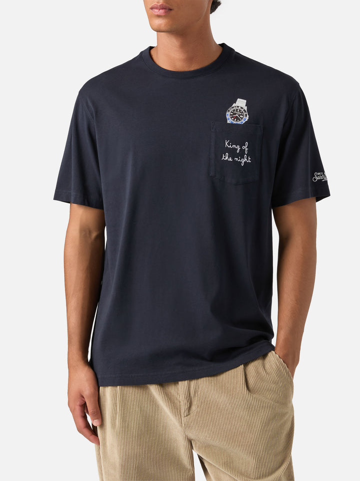 Navy blue Connor organic cotton t-shirt with watch print and King Of The Night embroidery