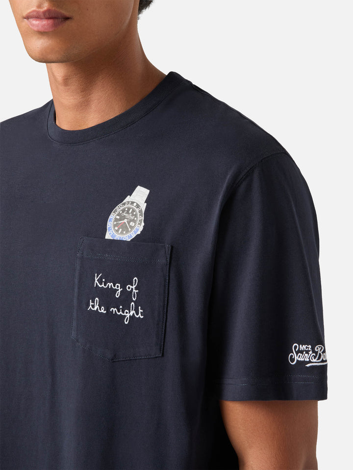 Navy blue Connor organic cotton t-shirt with watch print and King Of The Night embroidery