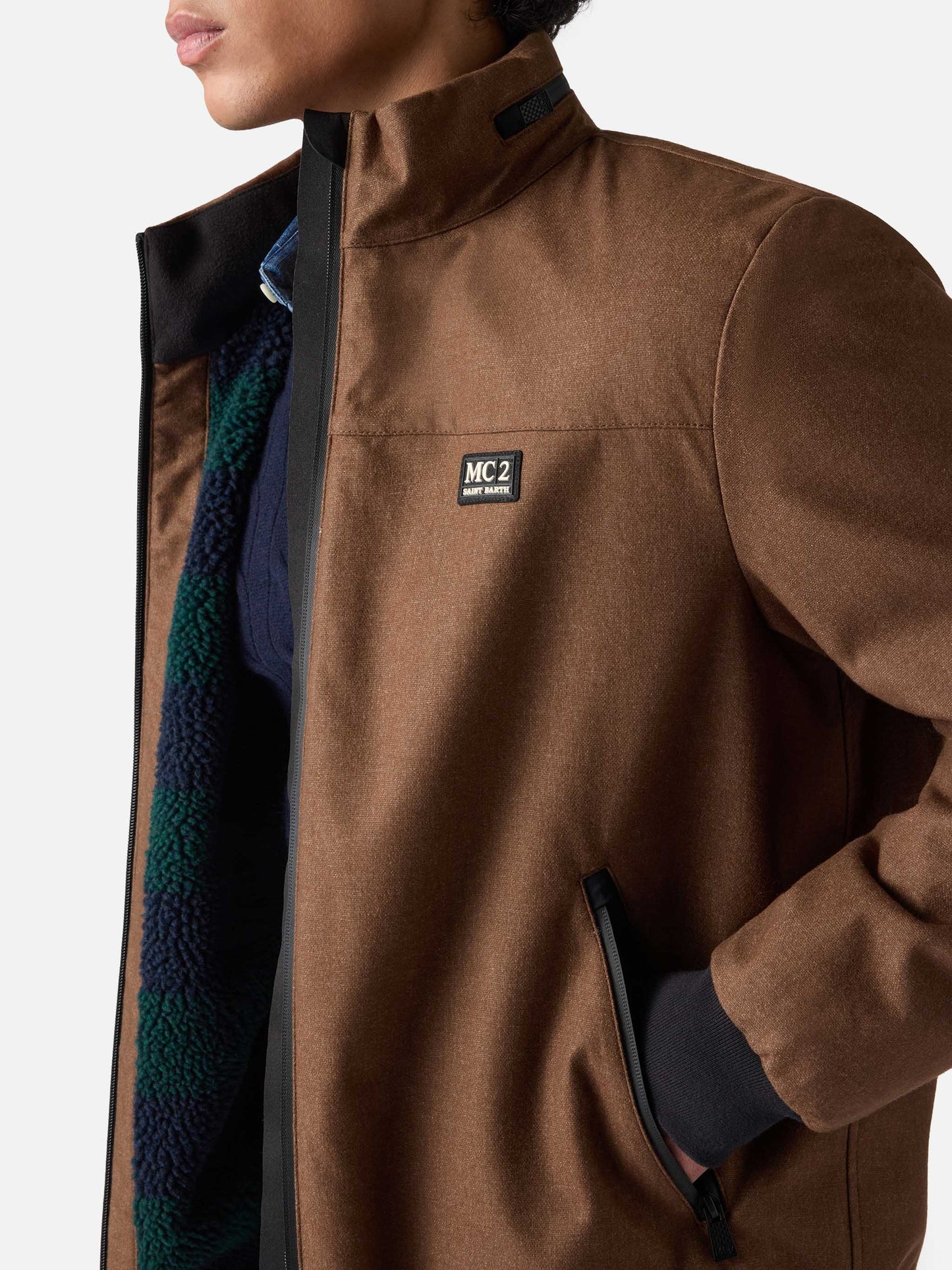 Giubbotto bomber Country in lana marrone con fodera in teddy