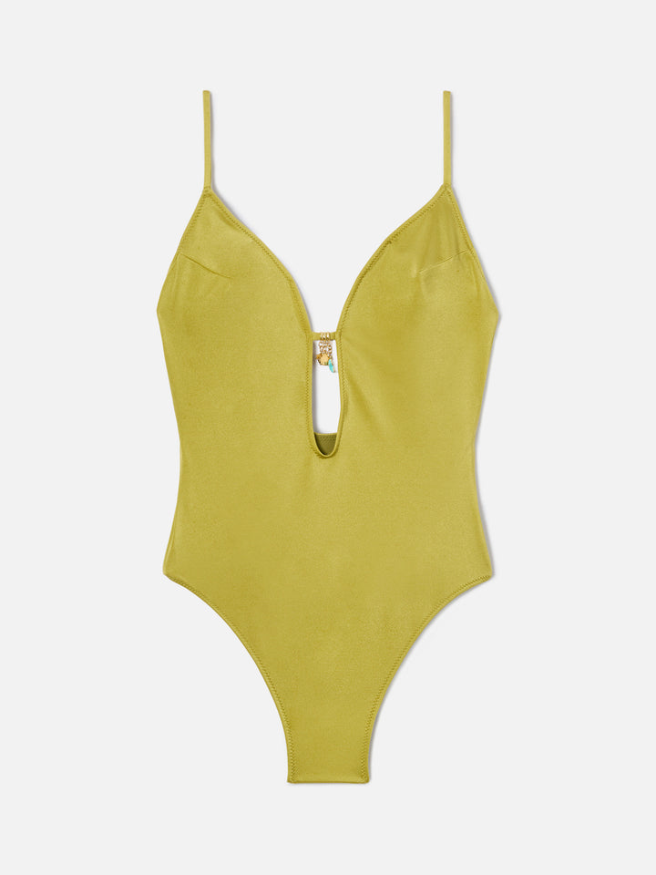 Crunchy one-piece swimsuit in pistachio green glossy finish with charms