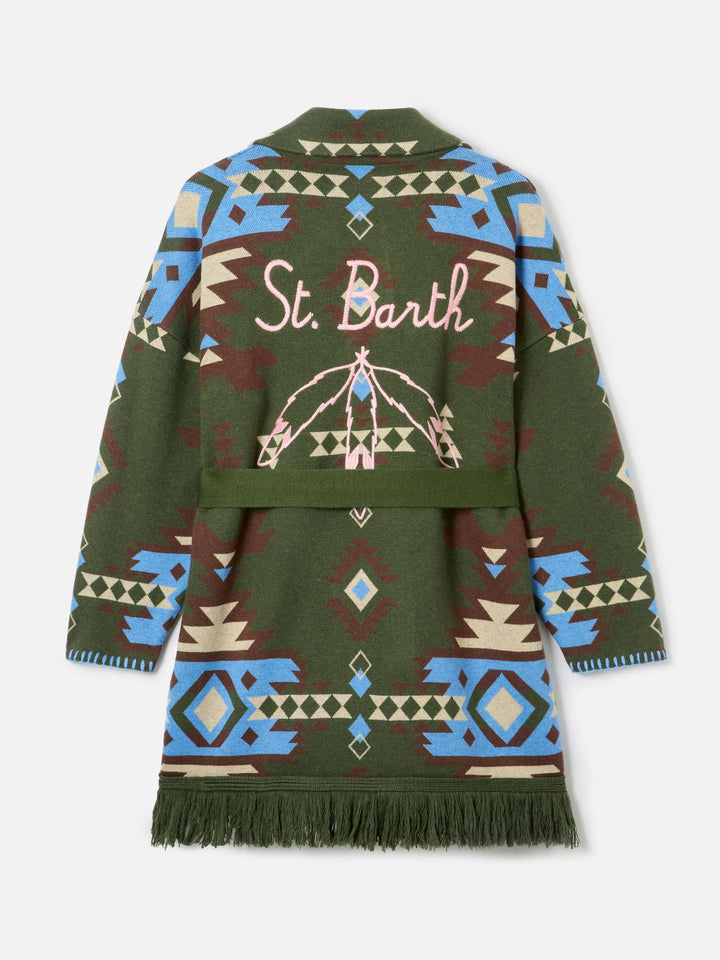 Military green Cristabel belted cardigan with ethnic print