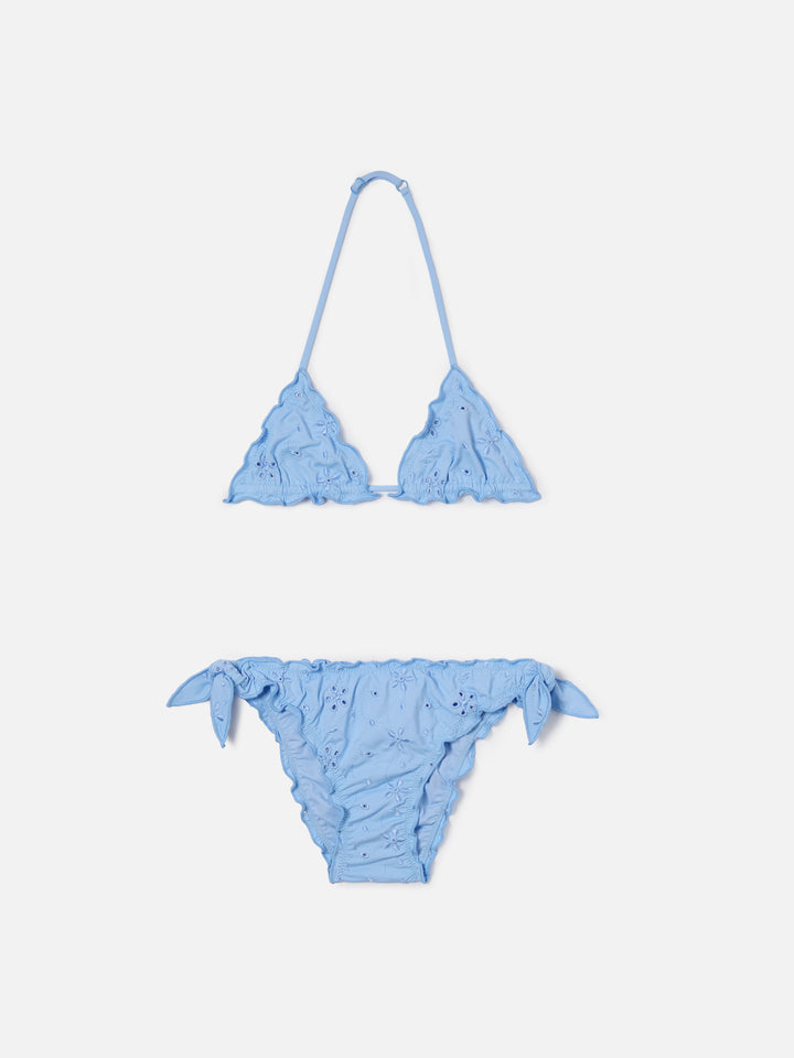 Bikini Cris in tessuto sangallo azzurro con bordi arricciati