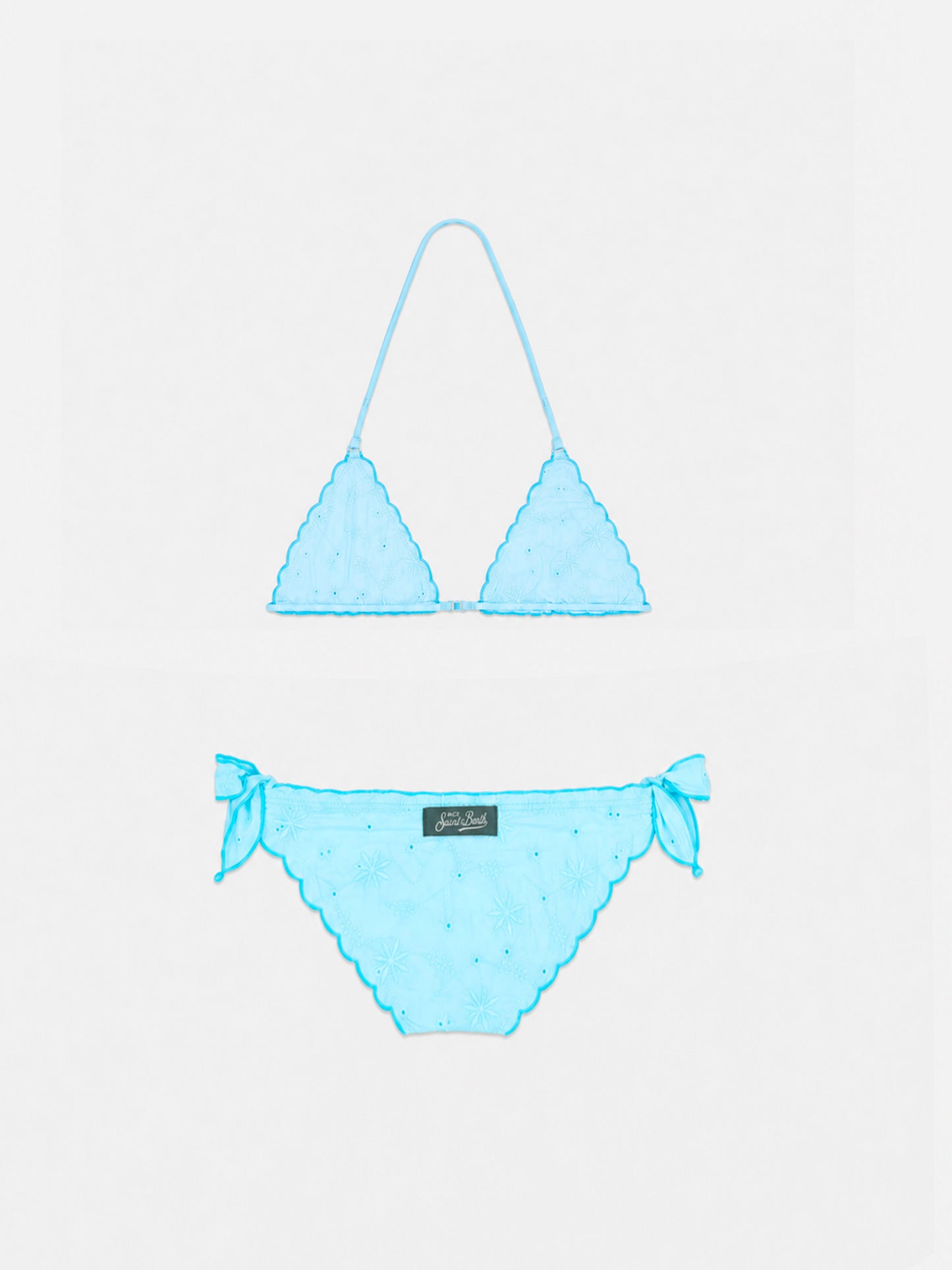 Bikini classico triangolo Cris da bambina verde acqua con ricamo Sangallo