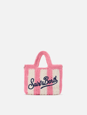 Mini bag de crochet con motivo de rayas rosas y logo bordado 