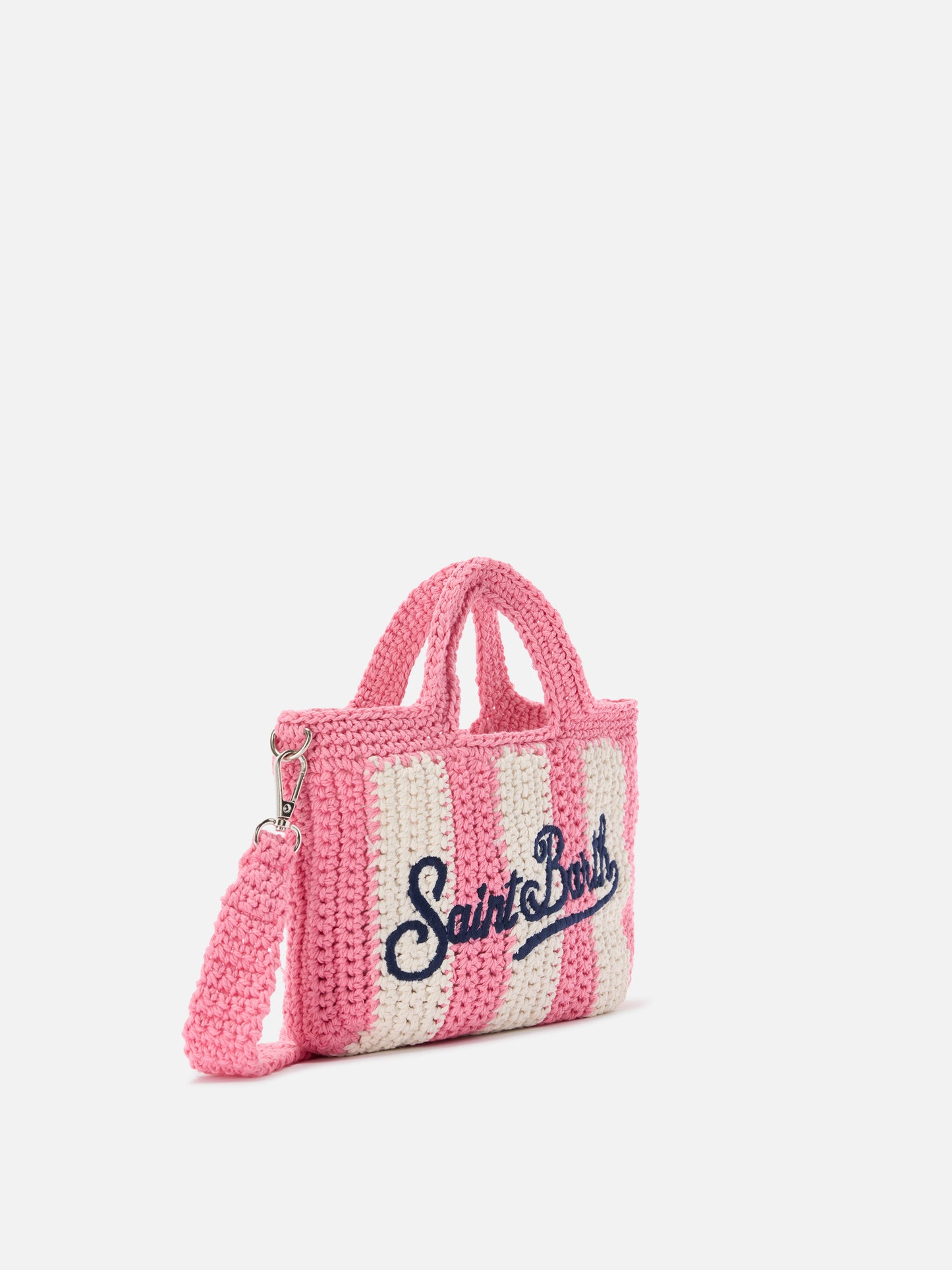 Mini bag de crochet con motivo de rayas rosas y logo bordado 