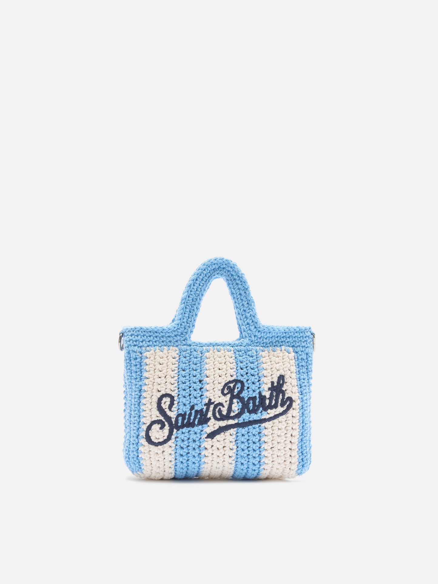 Mini bag de crochet con motivo de rayas celestes y logo bordado 