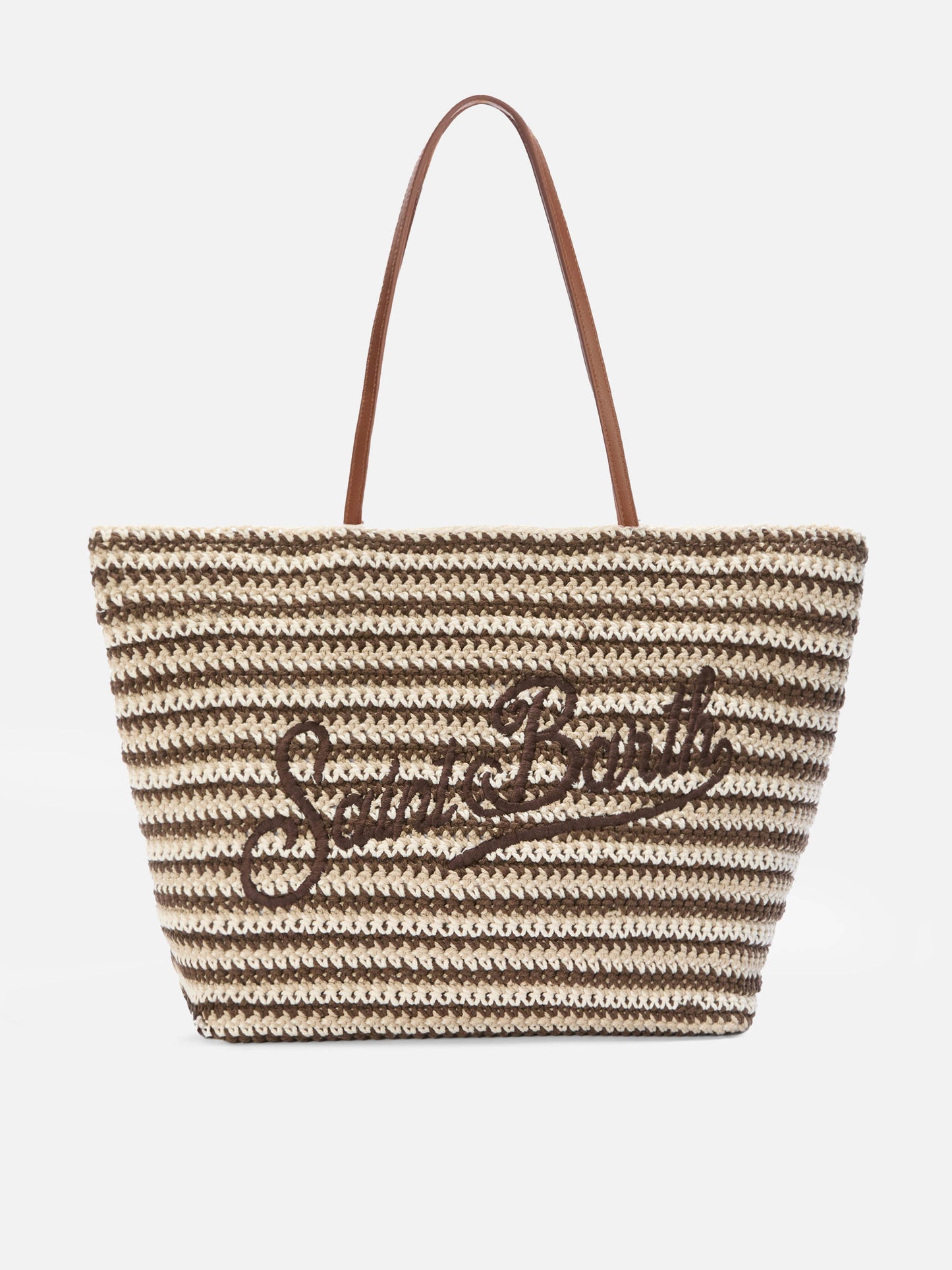 Borsa Tote Crochet a righe beige e marroni con logo ricamato