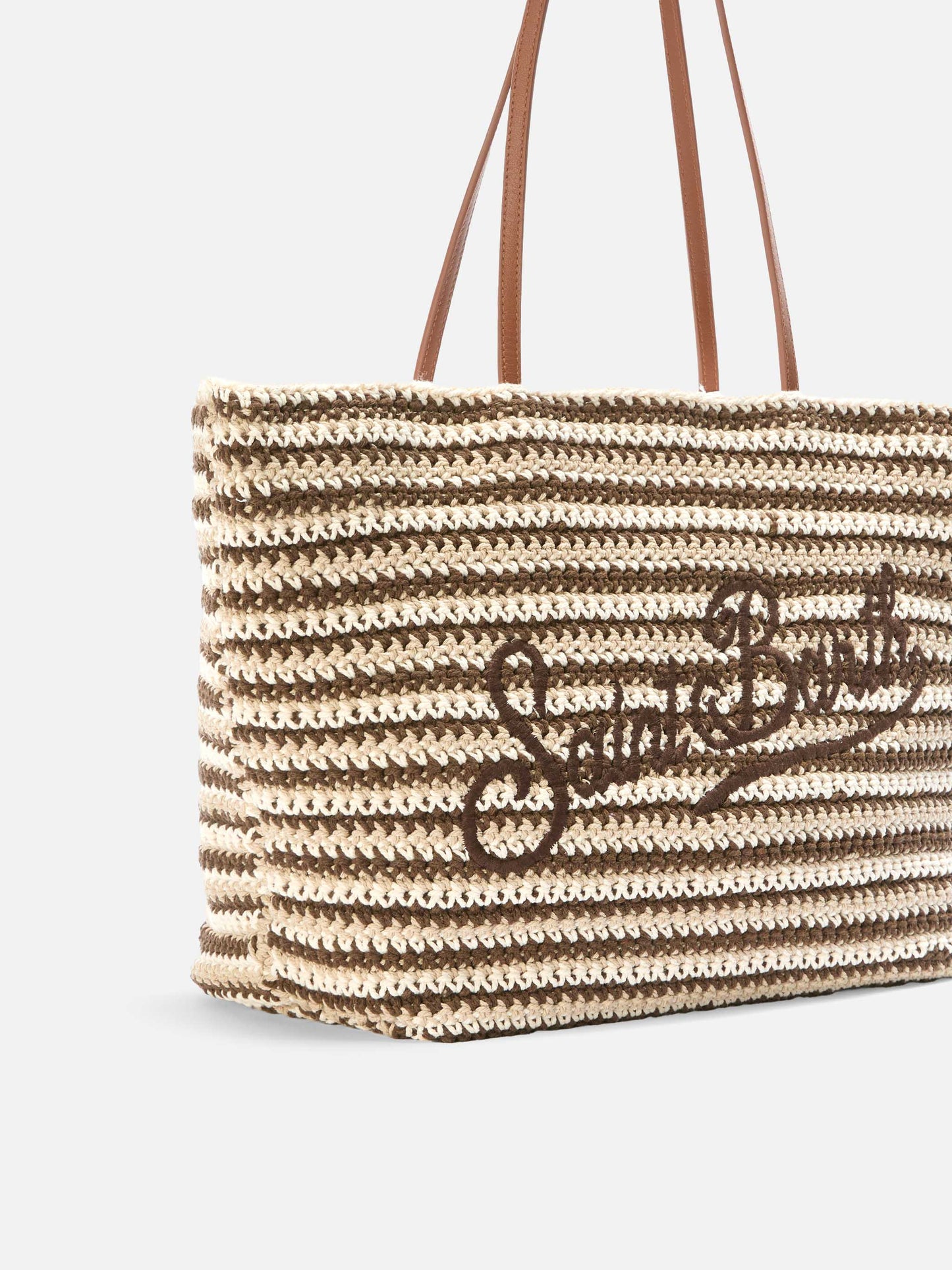 Borsa Tote Crochet a righe beige e marroni con logo ricamato