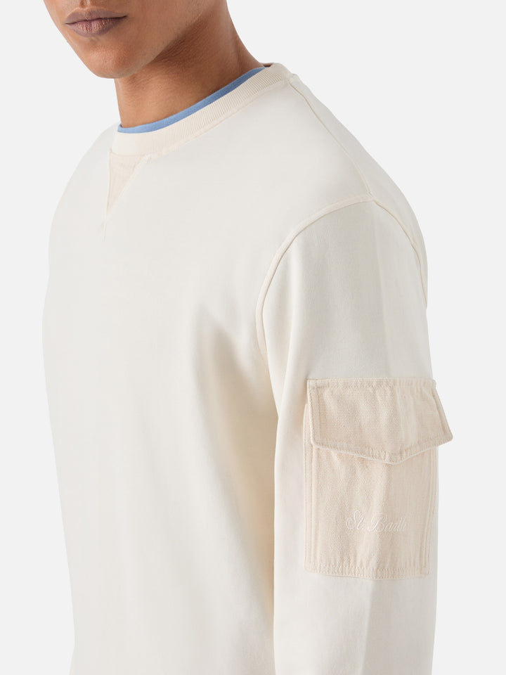 Chester solid cream fleece sweatshirt with sleeve pocket