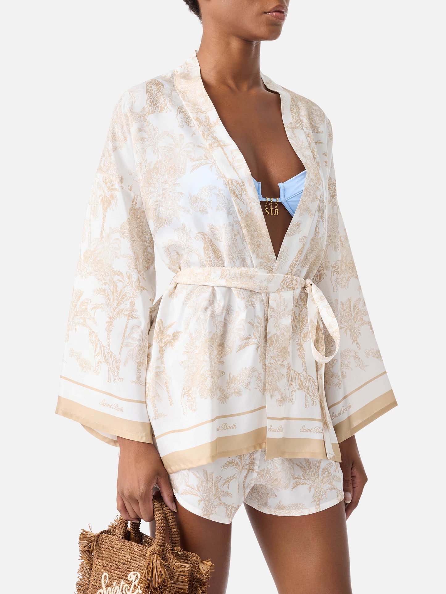 Kimono corto Carly in seta con stampa toile de Jouy
