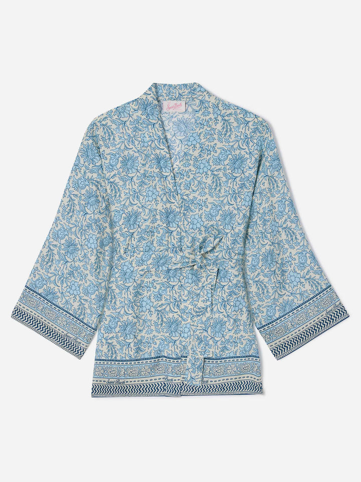 Kimono corto Carly in seta con stampa batik floreale