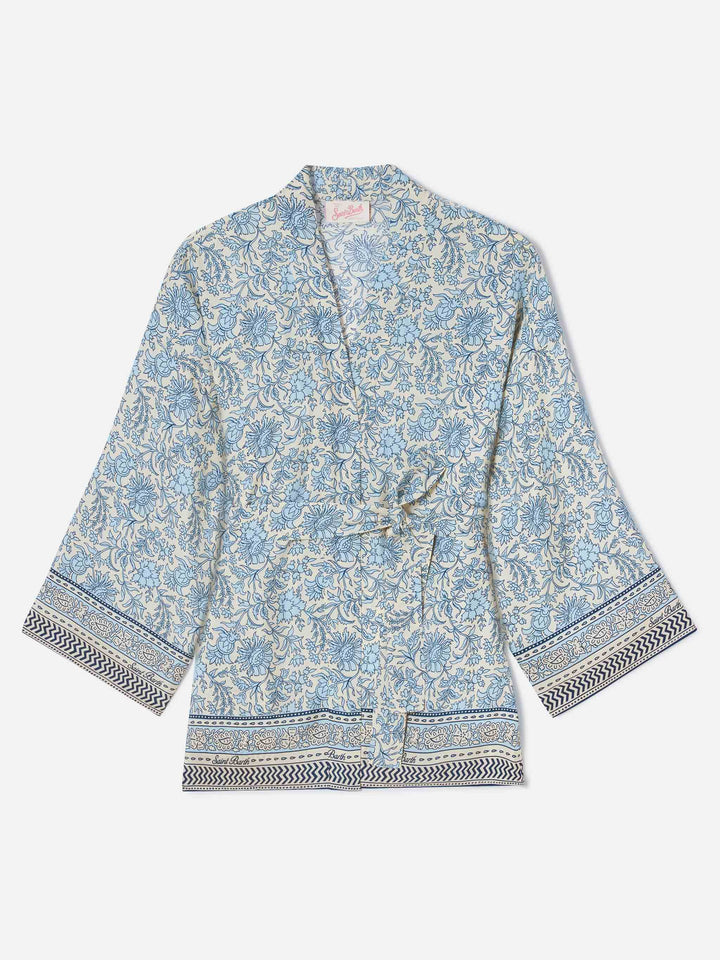 Kurzer Carly-Kimono aus Seide mit floralem Batik-Print 