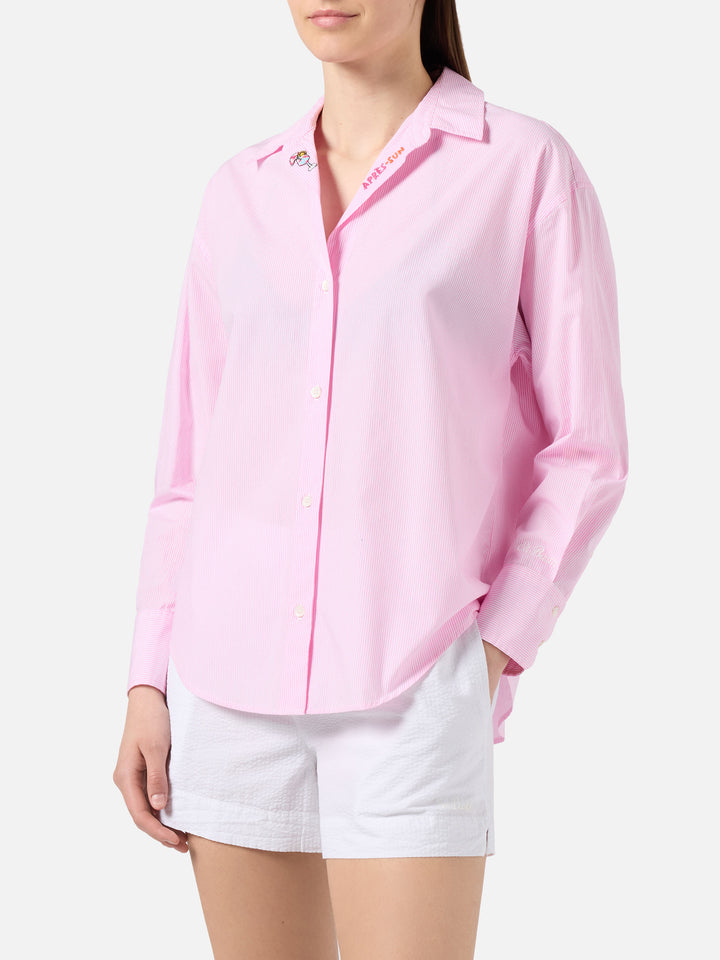 Camicia Cristal in popeline di cotone a righe rosa con ricami