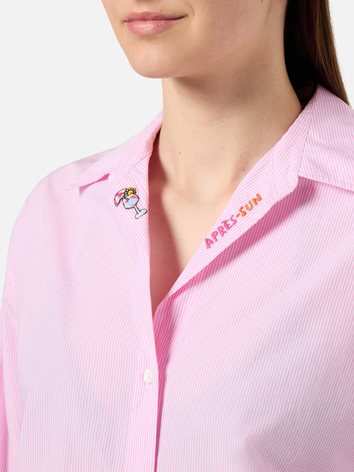 Camicia Cristal in popeline di cotone a righe rosa con ricami