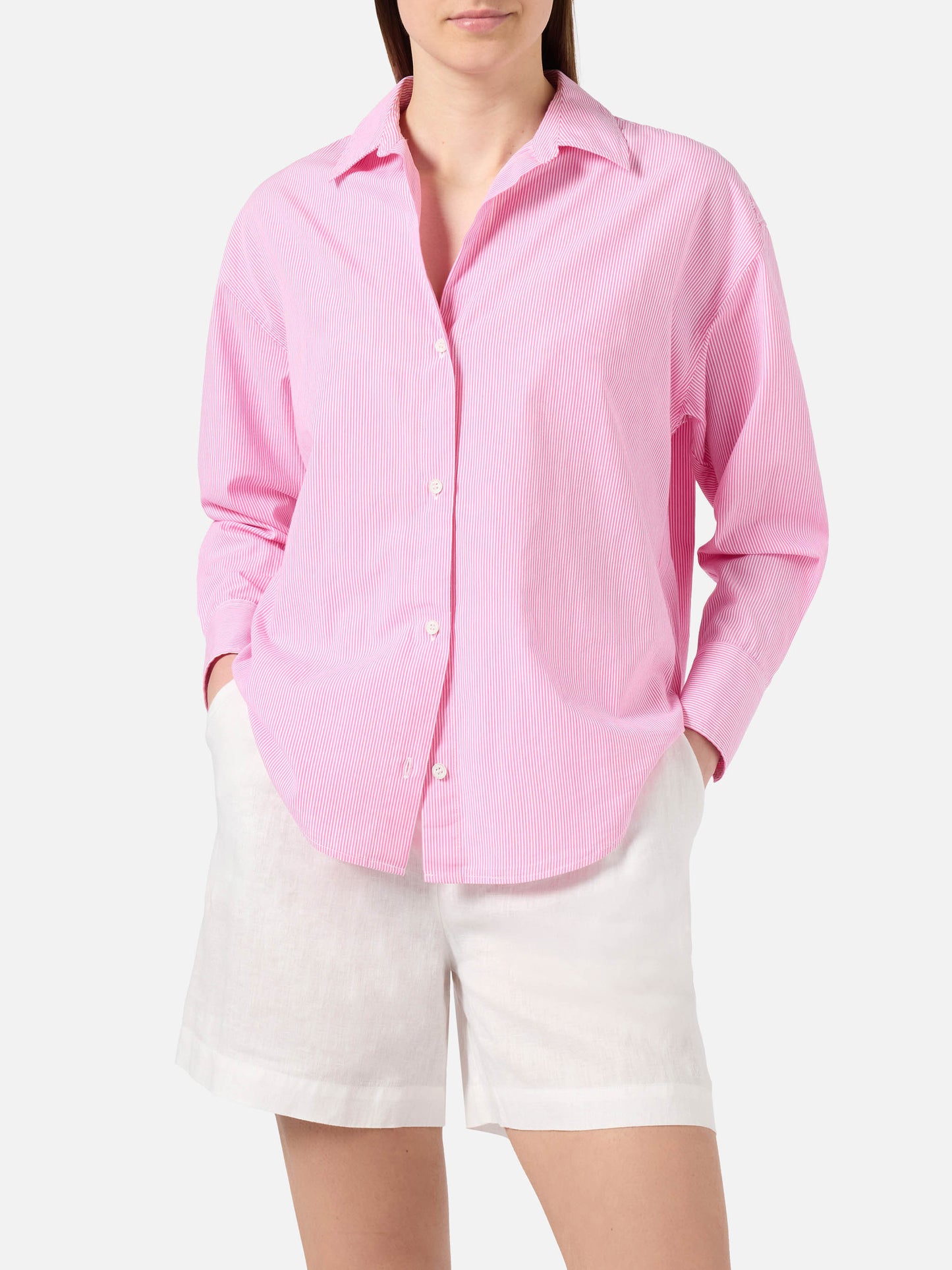 Camicia Cristal in cotone a righe rosa con ricamo Meet Me In Saint Barth