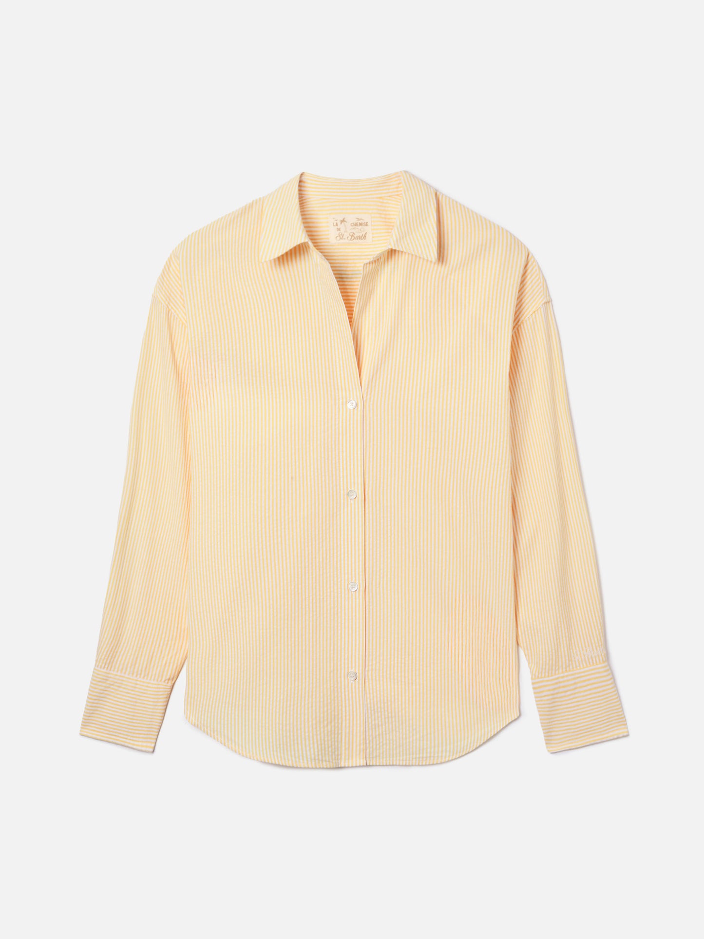 Yellow striped seersucker Cristal shirt with Weekend Mood embroidery