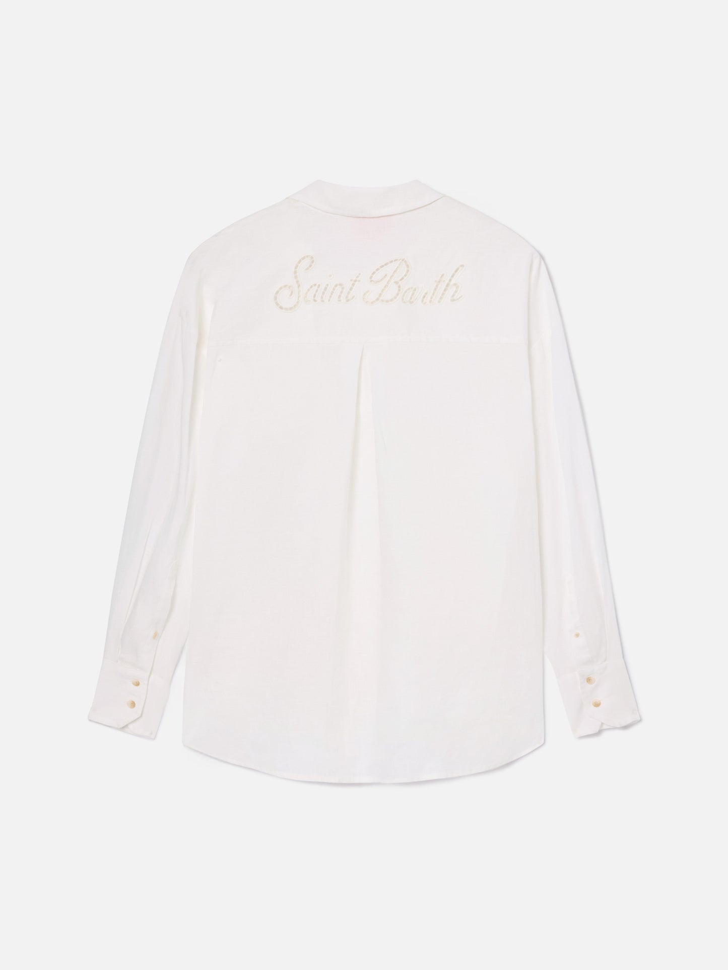 Camicia Cristal in lino bianco con ricamo Saint Barth traforato